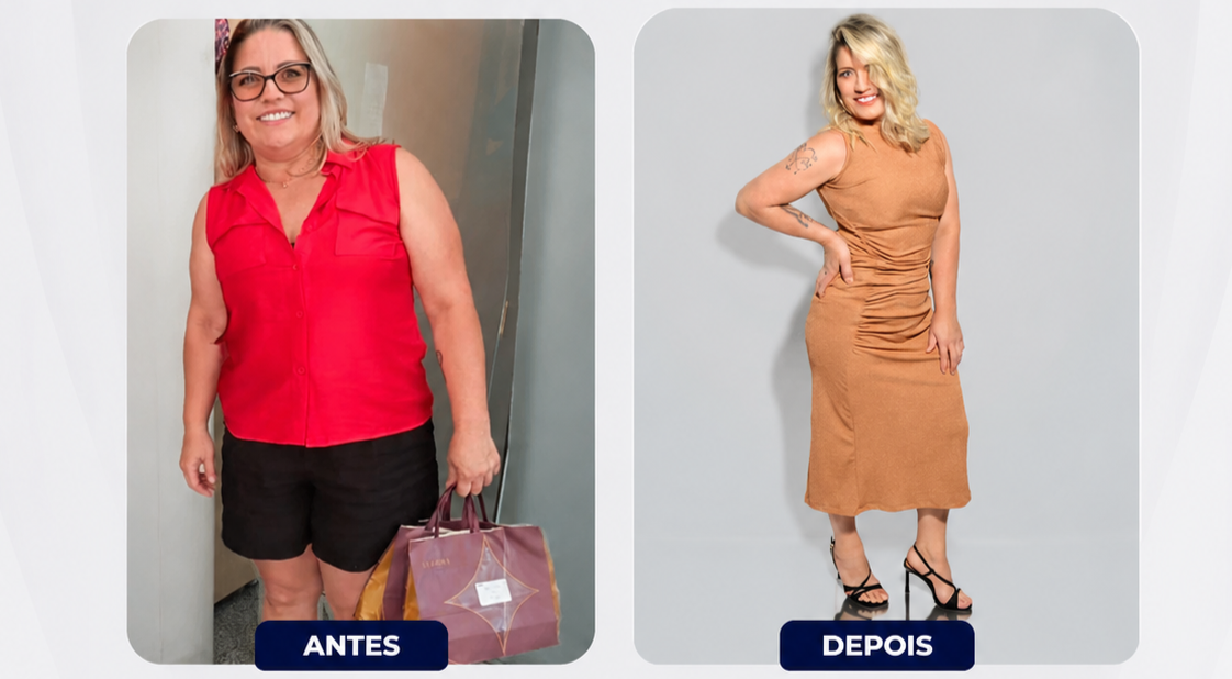 Colagem antes e depois de paciente da Emagrecentro Ponta Grossa em fundo neutro, fotografia comparativa mostrando a evolução da silhueta corporal, fotografia realista