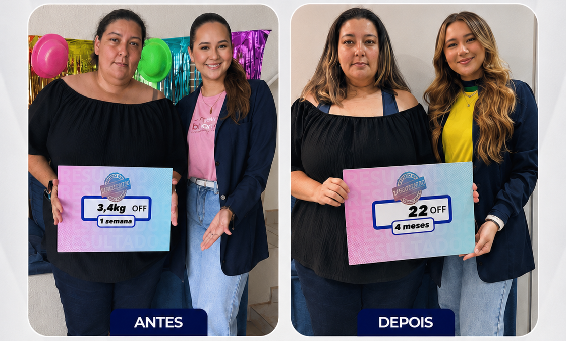 Colagem antes e depois de paciente da Emagrecentro Ponta Grossa mostrando a transformação corporal ao longo do tratamento, ambiente comemorativo com decoração colorida ao fundo, fotografia realista, boa iluminação