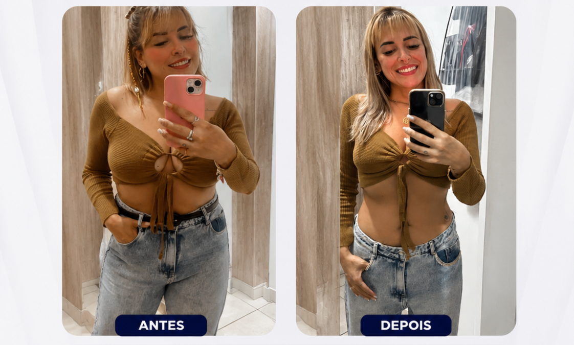 Colagem antes e depois de paciente da Emagrecentro Ponta Grossa em selfie de espelho, fotografia comparativa mostrando a evolução corporal, fotografia realista