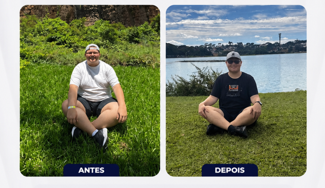 Colagem antes e depois de paciente da Emagrecentro Ponta Grossa sentado em área verde à beira de um lago, fotografia comparativa mostrando a evolução corporal, fotografia realista