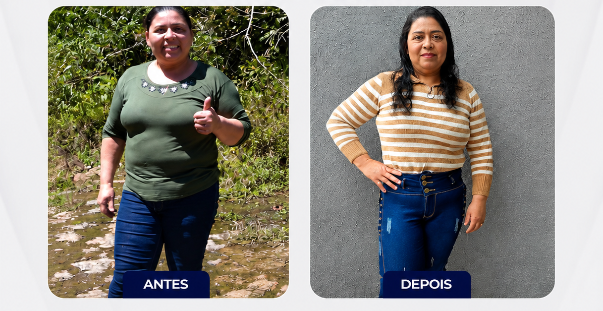 Colagem antes e depois de paciente da Emagrecentro Ponta Grossa em ambiente externo, fotografia comparativa lado a lado mostrando a evolução corporal, fotografia realista